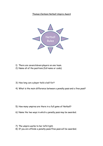 Netball Umpire Worksheet