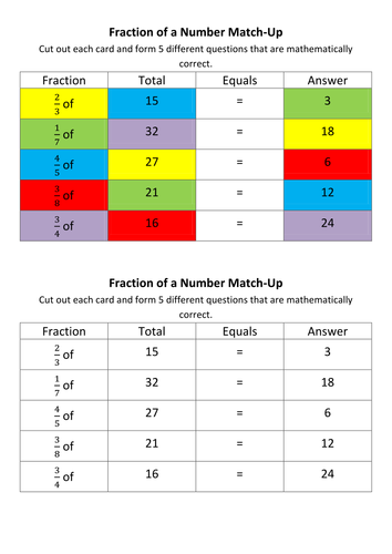 Fraction of a Number Match Up