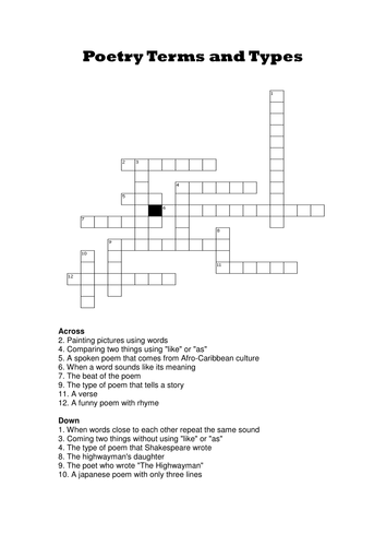 Poetry Terms And Types Crossword Teaching Resources