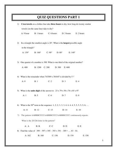 KS3 Maths Lesson Starter: Quiz | Teaching Resources