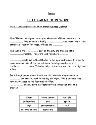 Settlement worksheets geography image