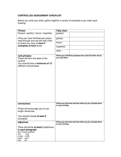 Controlled Assessment checklist GCSE French | Teaching Resources