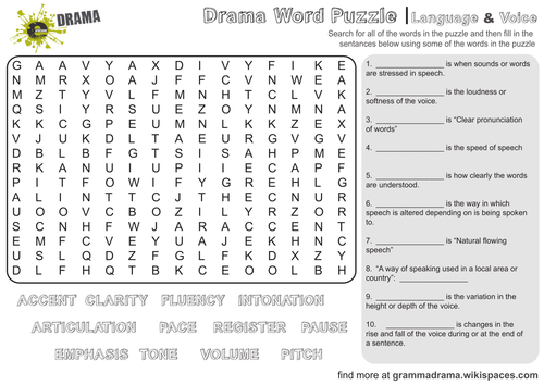 Drama Word Puzzle Activity Sheet with Questions