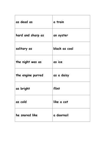 Simile Matching Exercise Card Sort