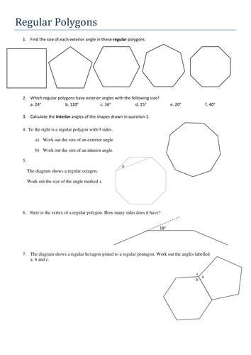 KS4 Maths Angles in Regular Polygons. Worksheet