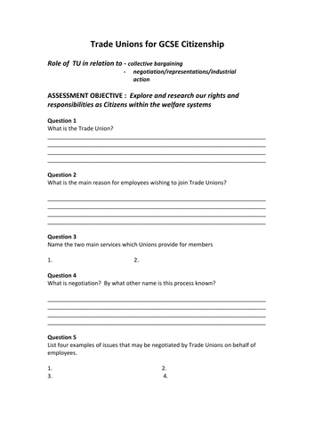 Citizenship GCSE Trade Unions Lesson PP