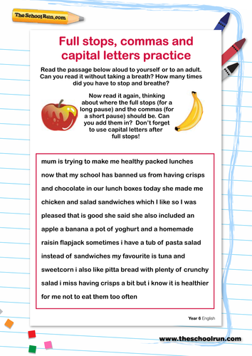 Full stops, commas and capital letters practice