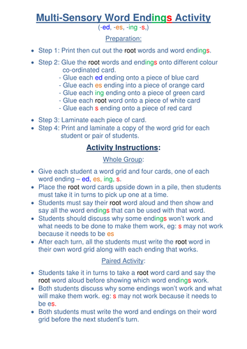 Word Endings - A Multi-Sensory Activity