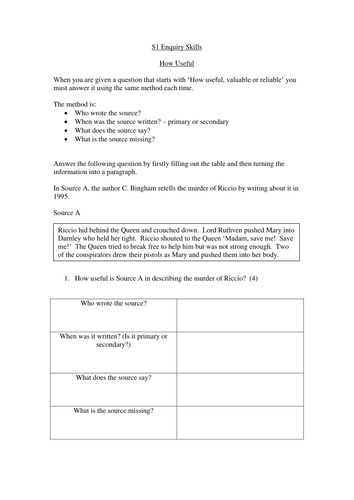Enquiry Skills (Sources) Help sheets