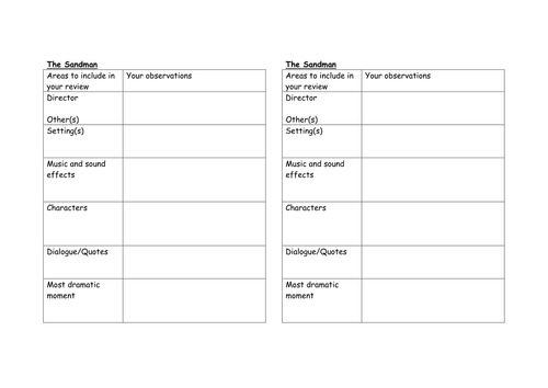 The Sandman Film Review Notes Sheet
