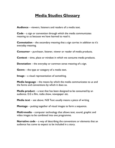 Glossary of Media Terminology worksheet
