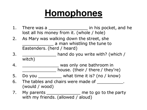 Homophones Cloze starter Slide to add