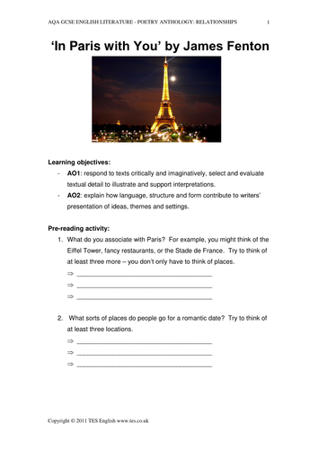 'In Paris with You' by Fenton - Teaching Resources