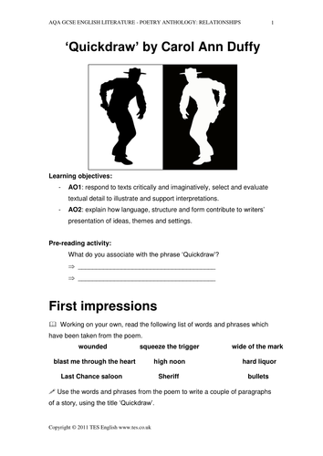 'Quickdraw' by Carol Ann Duffy - Teaching Resource