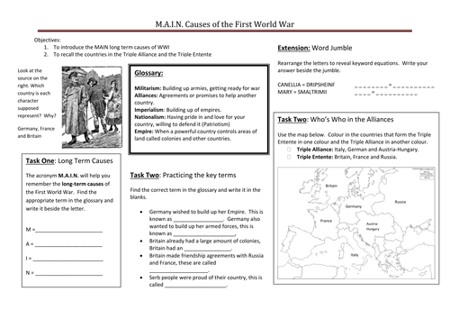 World War 1 Causes Of Ww1 Worksheet