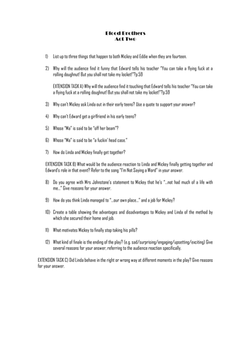 Blood Brothers - Worksheet Questions on Act 2