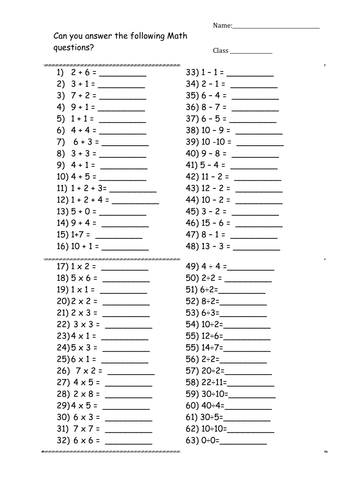 Maths Test, covers basics, ( x , - , + , ÷ ) | Teaching Resources