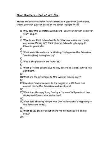 Blood Brothers Act 1 Questions Worksheet Teaching Resources