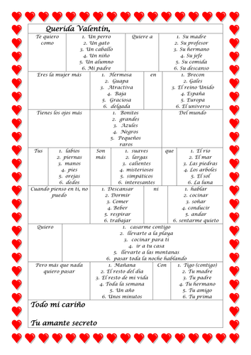 Querida Valentin / scaffolded Spanish love letter