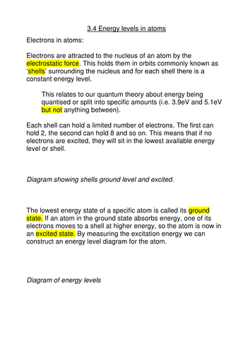 Energy Levels in Atoms notes for As Level Physics