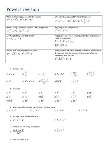 Powers revision. Worksheet | Teaching Resources