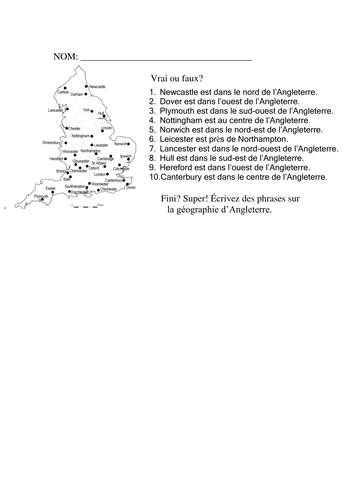 La géographie en Angleterre - worksheet or starter