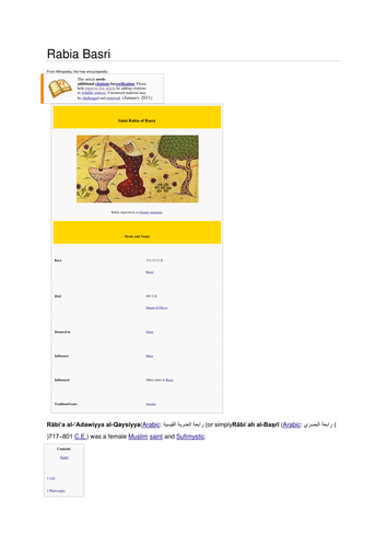 Rabia Basri, example of Woman Muslim 'saint'