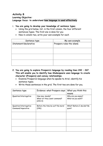 Identifying sentence types in The Tempest