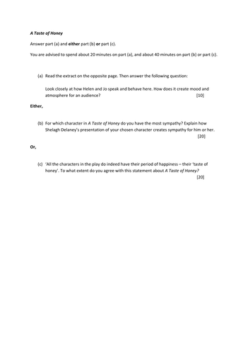 A Taste of Honey Exam Prep