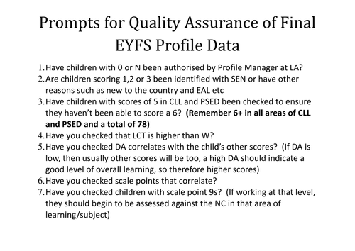 Prompts for QA of EYFS profile data