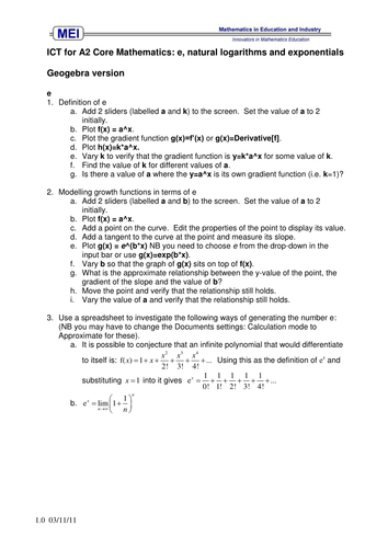 MEI - e, ln and Functions - Geogebra