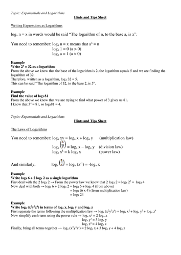 Logarithms Hints and Tips sheet