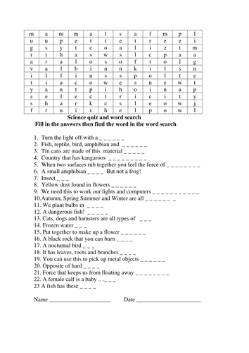 Science quiz and Wordsearch