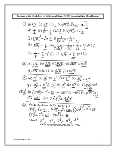 Answers to Indices/Surds GCSE/Y12C1 Practice_ NC