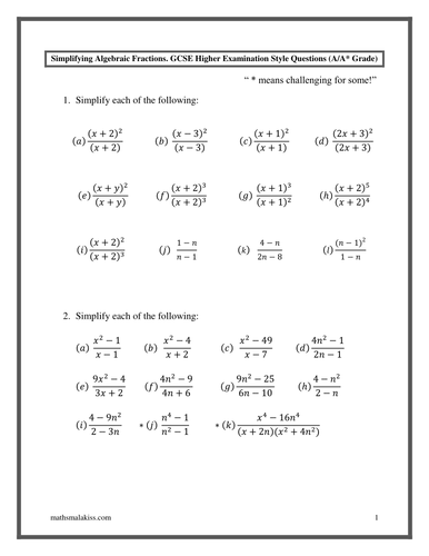 Simplifying Algebraic Fractions By Factorising Worksheet