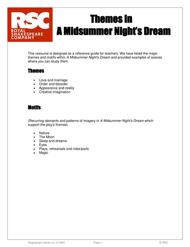 A Midsummer Night's Dream RSC Themes Reference