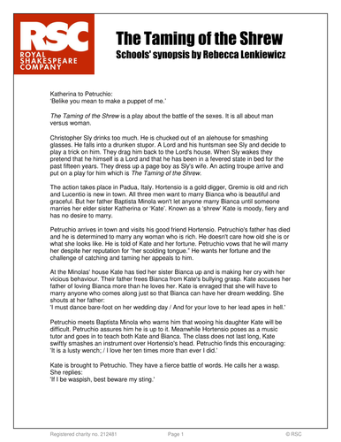The Taming of the Shrew Schools' Synopsis