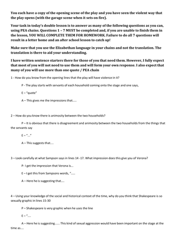 Romeo & Juliet: Questions Worksheet For Act 1