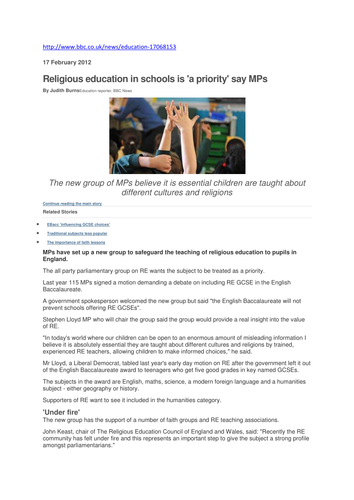 Religious Education in the curriculum, Ebacc etc