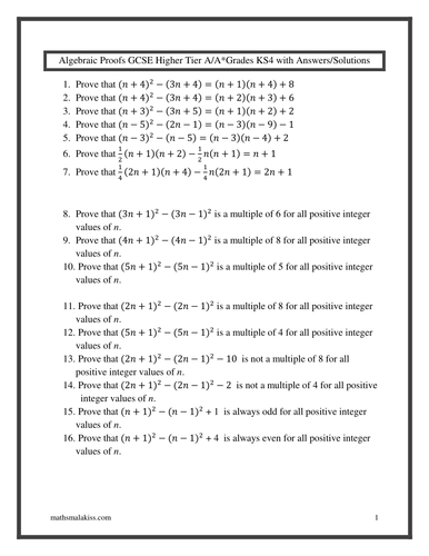 Algebraic Proof GCSE/KS4Higher A/A* with Solutions