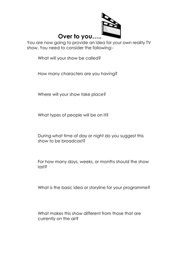 Design a Reality TV Programme - Worksheet