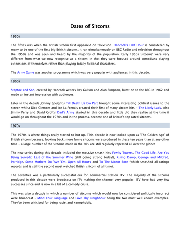 History of The Sitcom Worksheet
