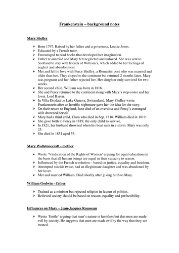 Frankenstein - Background Notes Worksheet | Teaching Resources