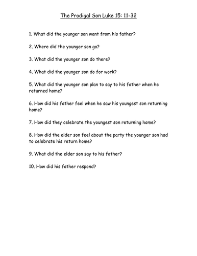 Prodigal Son Worksheets by jimbob37 - Teaching Resources - Tes