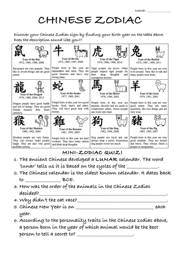 Chinese Zodiac WORKSHEET | Teaching Resources