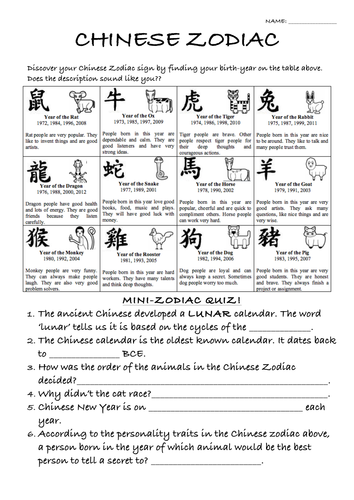 Chinese Zodiac WORKSHEET
