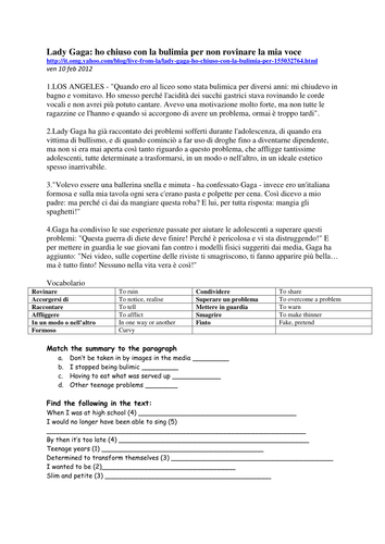 KS4 Italian Reading Lady Gaga LIfestyle