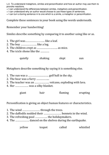 Similes, metaphors and personification sheets. | Teaching Resources