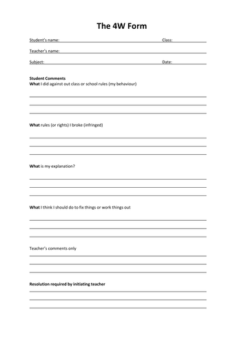 The 4 W Form - behaviour management targets