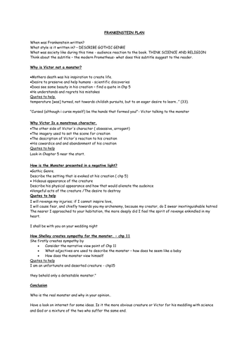 frankenstein coursework plan